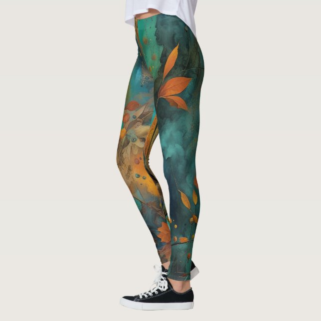 Legging Autumn Harvest Teal Rust Abstrato Dourado (Esquerda)