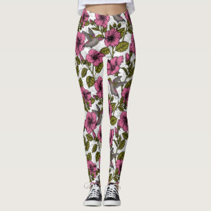 Legging Aves de capoeira e flores de hibisco rosa