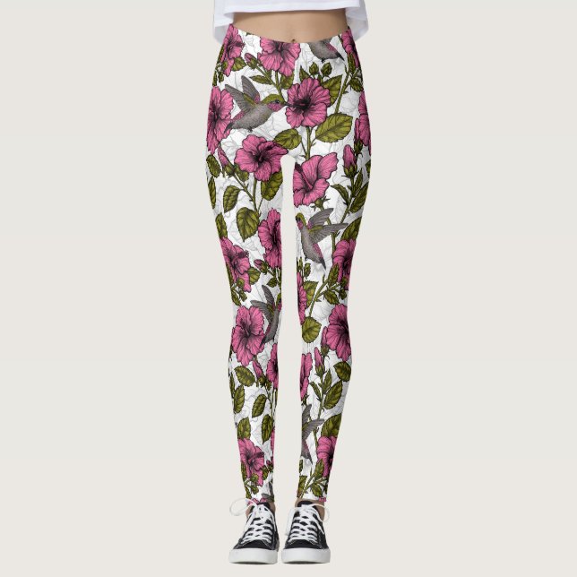 Legging Aves de capoeira e flores de hibisco rosa (Frente)