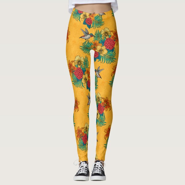 Legging Aves e buquês tropicais em amarelo (Frente)