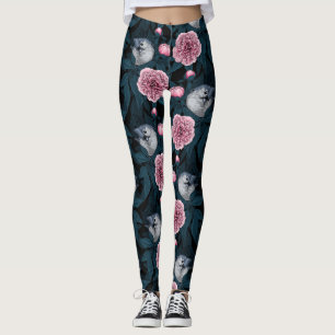 Legging Aves e flores cor-de-rosa com folhas