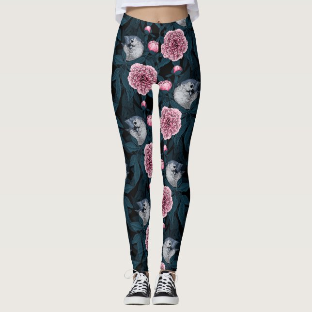 Legging Aves e flores cor-de-rosa com folhas (Frente)