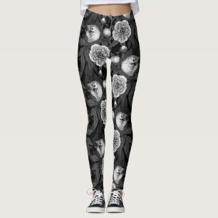 Legging Aves e flores de peônia monocromáticas, cinzas