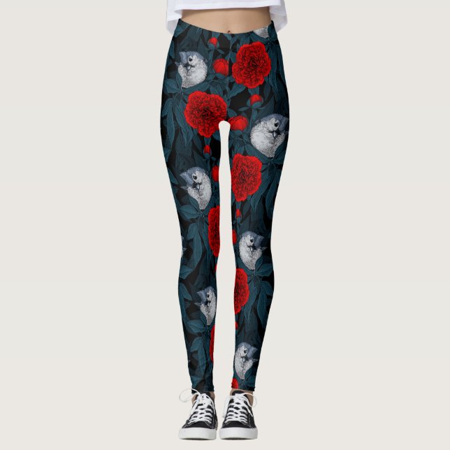 Legging Aves e flores vermelhas de pénia com folhas azuis (Frente)