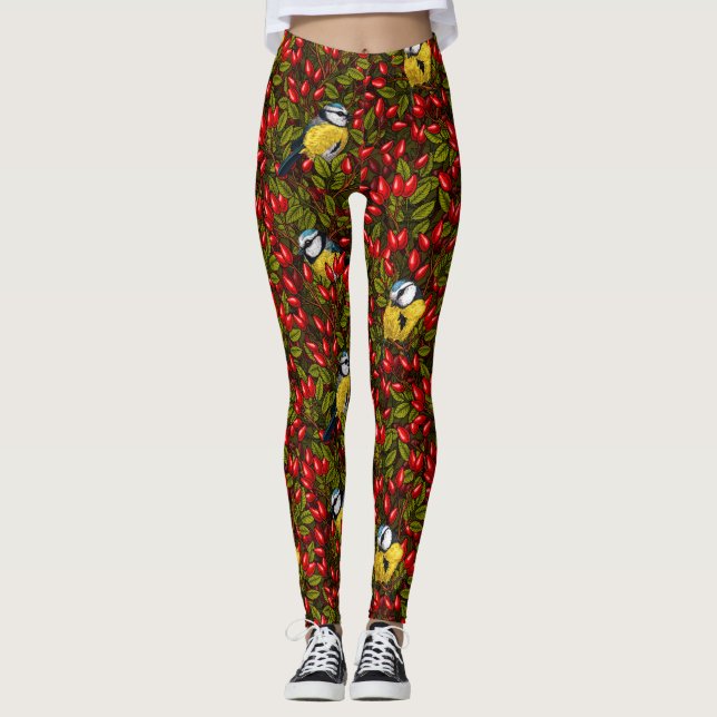 Legging Aves e rosa de cães, verdes e vermelhos (Frente)
