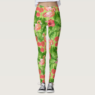 Legging Aves Flamingo e plantas tropicais