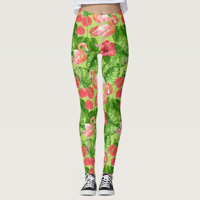 Legging Aves Flamingo e plantas tropicais (Frente)