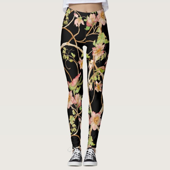 Legging Aves Florais Estilizadas Modernas Chinoiserie Limã (Frente)