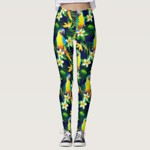 Legging Aves Tropicais - Papagaios e Hibisco no Black Bac