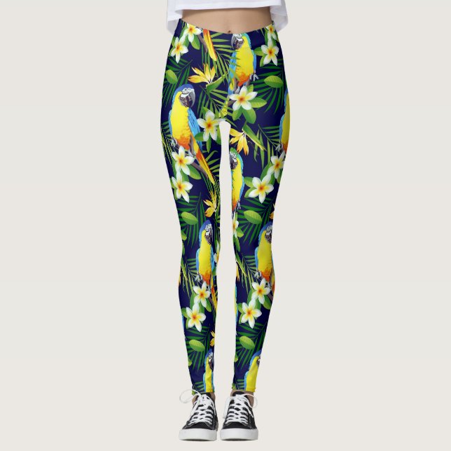 Legging Aves Tropicais - Papagaios e Hibisco no Black Bac (Frente)