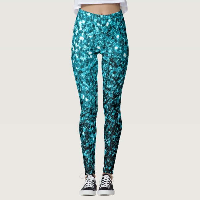 Legging Azul aqua brilhante lantejoulas brilho falso (Frente)