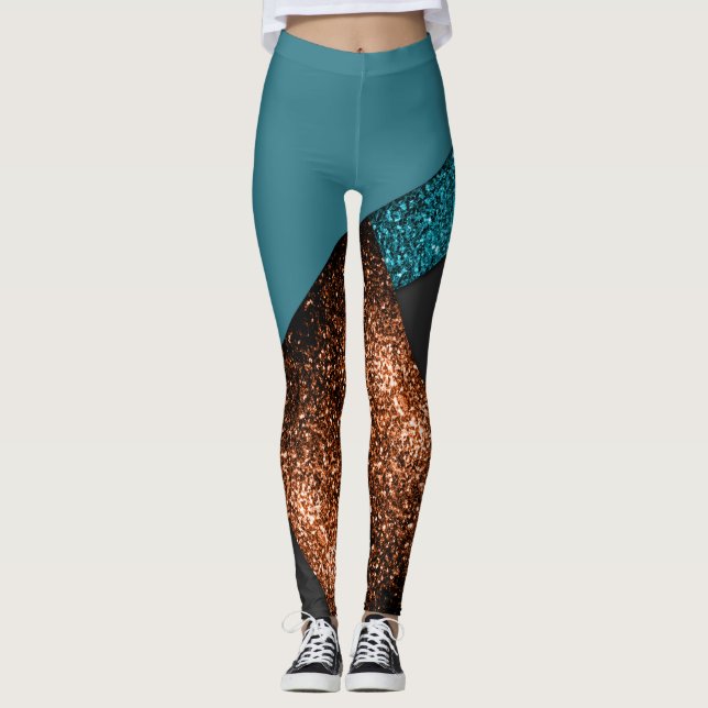 Legging Azul-aqua e bronze brilham o bloco de cores modern (Frente)