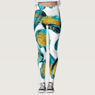 Legging Azul aquarela, turquesa, arte dourada.