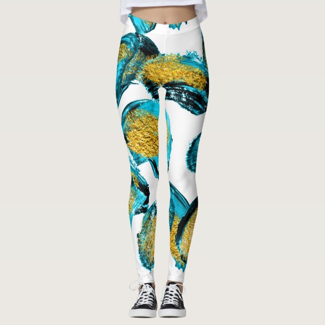 Legging Azul aquarela, turquesa, arte dourada. (Frente)