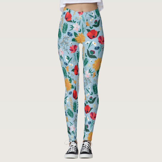 Legging Azul Botânico bonito Flores Selvagens (Frente)