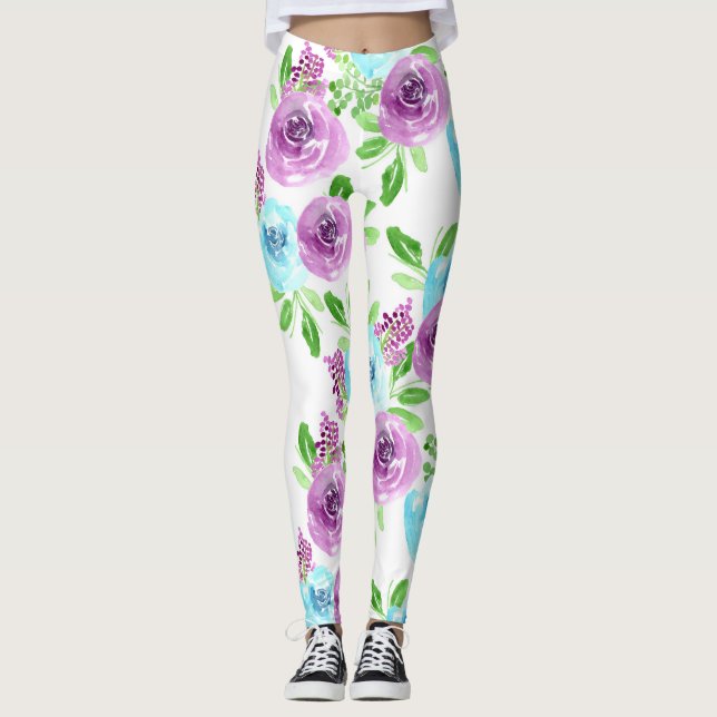 Legging Azul branco e flor roxa (Frente)