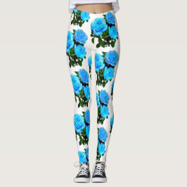Legging Azul-branco Elegante rosas azuis-florais