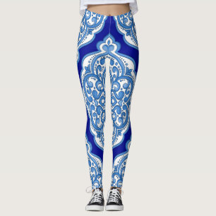 Legging Azul-branco-luxo, ornamento turco.
