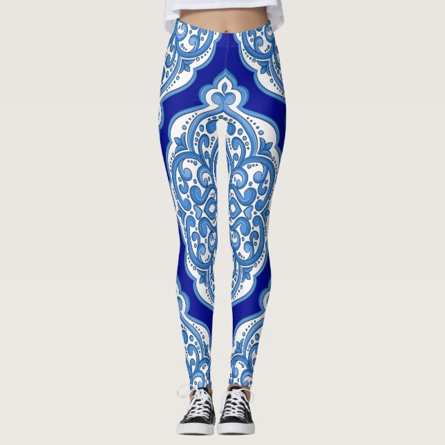 Legging Azul-branco-luxo, ornamento turco. (Frente)