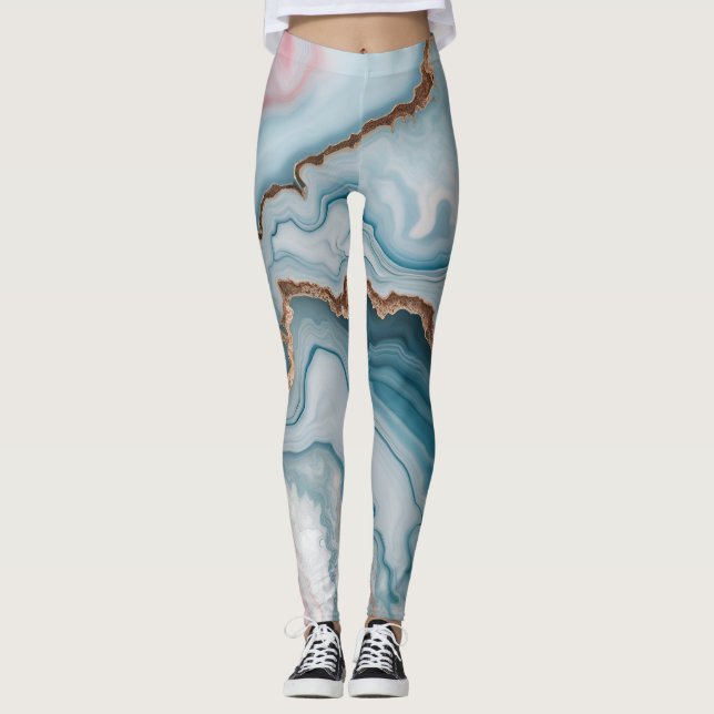 Legging Azul-claro, cor-de-rosa Dourado Agate Marble Moder (Frente)