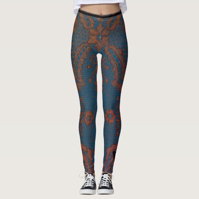 LEGGING AZUL COM PERNAS ANTIGAS DE PADRÃO LACE (Frente)