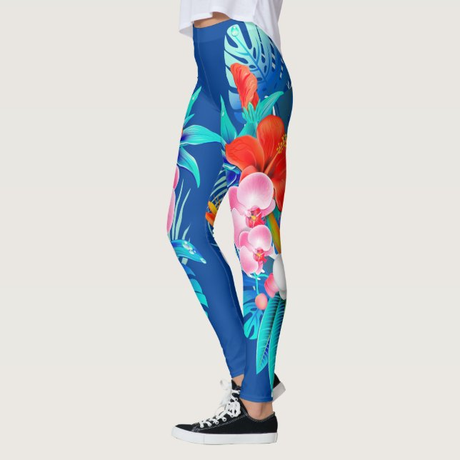 Legging Azul com Pernas de Flores Tropicais (Esquerda)