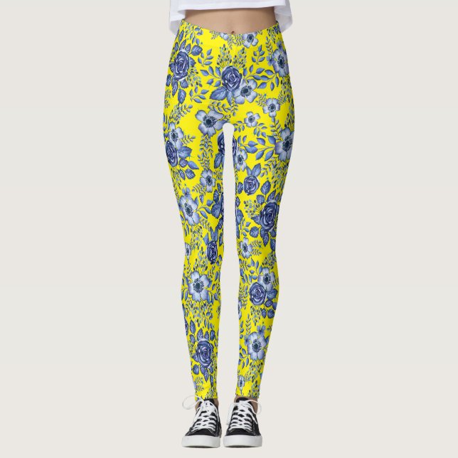 Legging Azul Cor da Água Padrão floral B Amarelo BG (Frente)