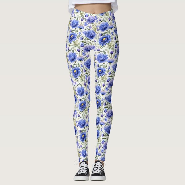 Legging Azul Cornflower Sem Costura Padrão, Blue Floral (Frente)