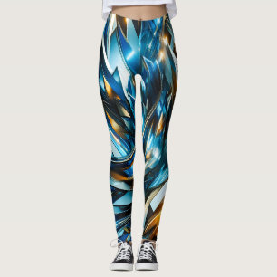 Legging Azul Dourado Futurista Abstrato Geométrico Metálic