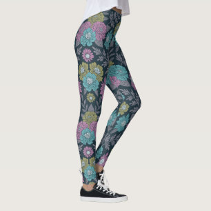 Legging Azul Escuro, Verde e Floral Púrpura
