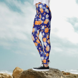 Legging Azul Feminino Moderno e Floral Água-Marinha Laranj