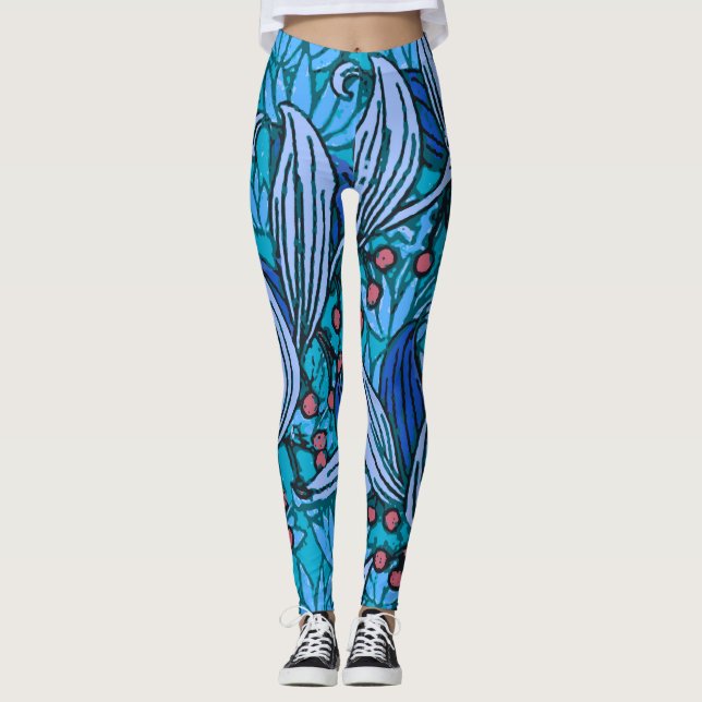 Legging Azul Floral Antiquado Boho Moderno (Frente)