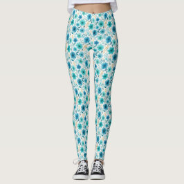 Legging Azul Floral Padrão Aquoso Flores Selvagens Cor de