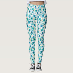 Legging Azul Floral Padrão Aquoso Flores Selvagens Cor de