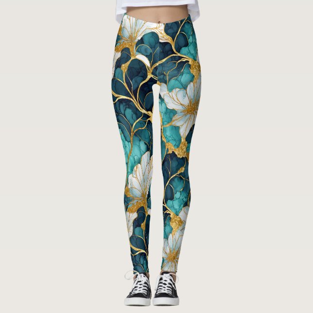 Legging Azul Floral-Teal Japonês Dourado (Frente)