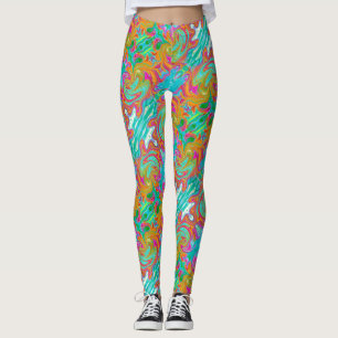 Legging Azul, Laranja e Rosa Quente Abstrato Retro Groovy