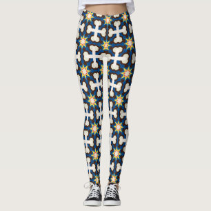 Legging Azul Marinho Creme Padrão Geométrico Estrela