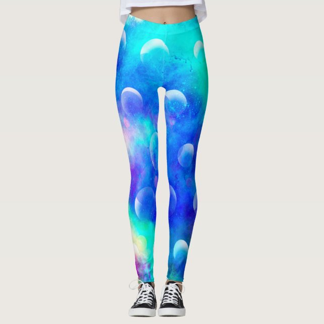 Legging Azul, moderno, fabulosas bolhas abstrato aquarela (Frente)