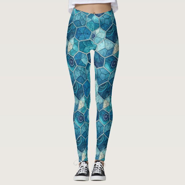 Legging Azul Oceano Padrão Mosaico – Polígono Irregular (Frente)