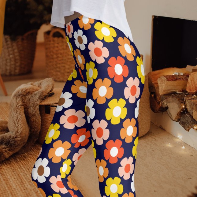 Legging Azul Padrão de Flores de outono Retroativas (Criador carregado)