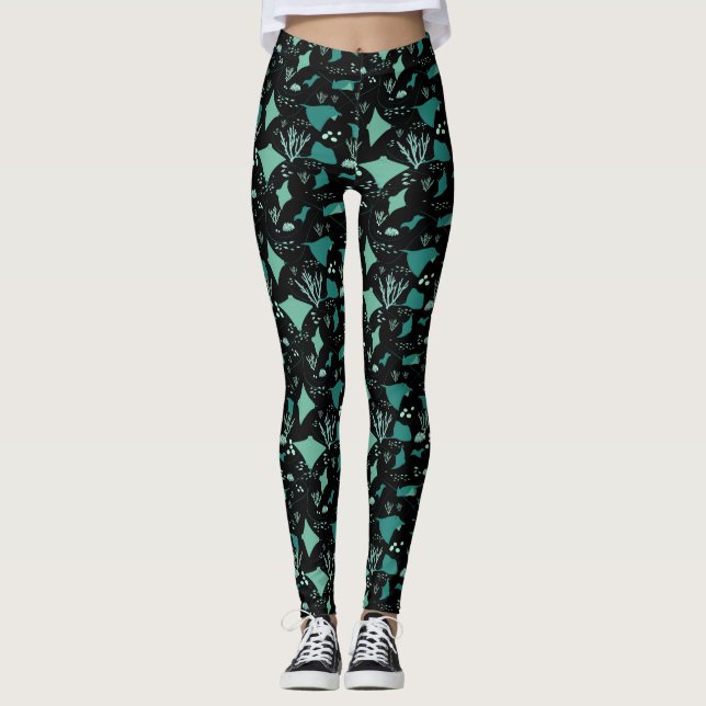 Legging Azul, Raio Negro Manta Ray Ocean Themed (Frente)
