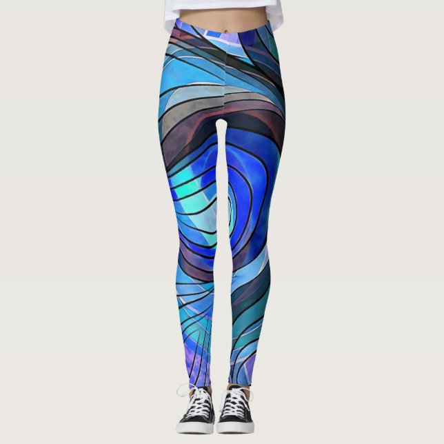 Legging Azul Real e Doodle Aquático Com Linhas Pretas (Frente)