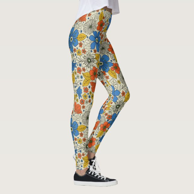 Legging Azul Retroativo, Amarelo e Laranja Floral (Direita)