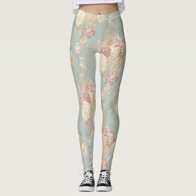 Legging Azul Rosa Branco Floral Flores Shabby Chic (Frente)