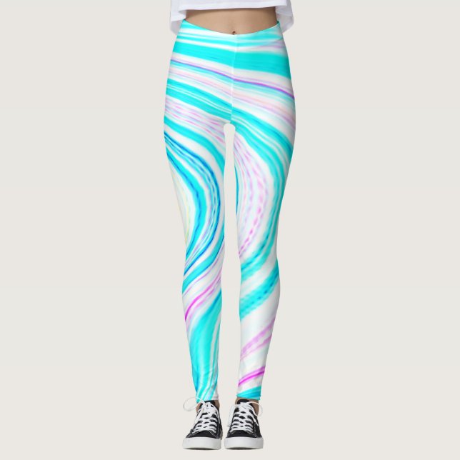 Legging Azul-Teal Ondas Rosa Abstrato de Arte Moderna (Frente)