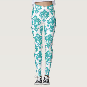 Legging Azul-verde e Branco Padrão Chique Damasko Moderno 