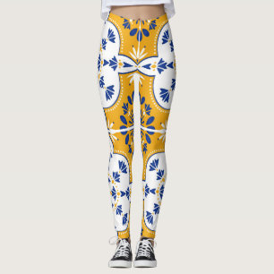 Legging Azulejos Azulejos de padrão branco amarelo azul Le