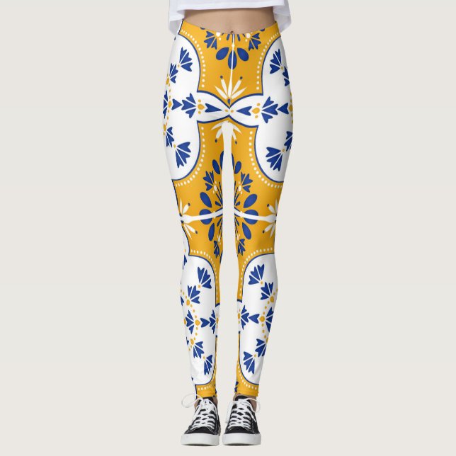 Legging Azulejos Azulejos de padrão branco amarelo azul Le (Frente)