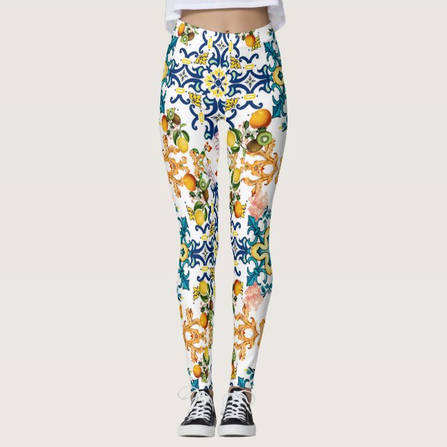 Legging Azulejos de colheita portugueses kiwi e limão cu (Frente)