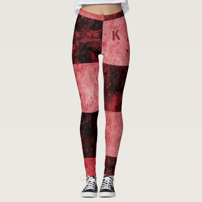 Legging Azulejos Grunge Preto Vermelho Monograma Personali (Frente)